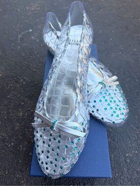 Stuart Weitzman Clear Jelly Flats with Teal Gem Accents